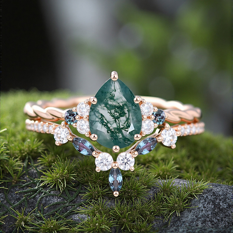1.93CT Pear Cut Moss Agate & Round Cut Moissanite S925 Silver Engagement Ring Set