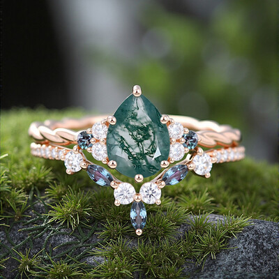 1.93CT Pear Cut Moss Agate & Round Cut Moissanite S925 Silver Engagement Ring Set