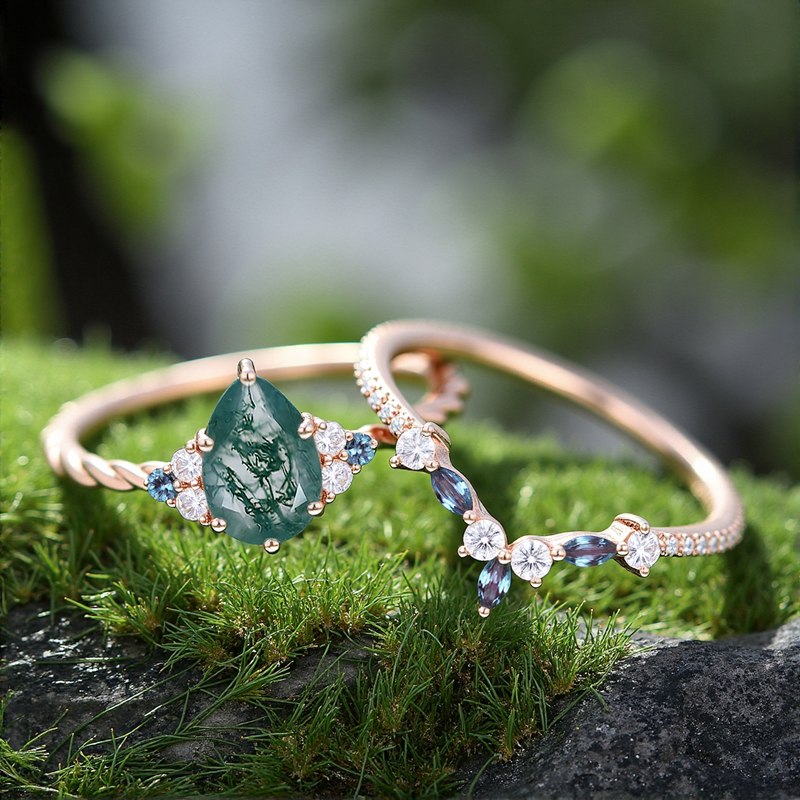 1.93CT Pear Cut Moss Agate & Round Cut Moissanite S925 Silver Engagement Ring Set
