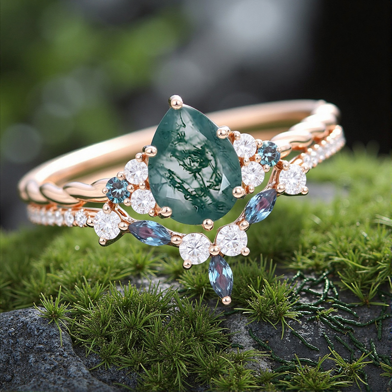 1.93CT Pear Cut Moss Agate & Round Cut Moissanite S925 Silver Engagement Ring Set