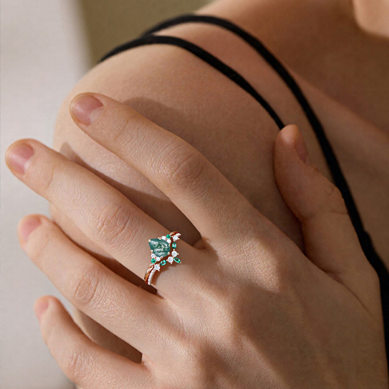 1.93CT Pear Cut Moss Agate & Round Cut Moissanite S925 Silver Engagement Ring Set