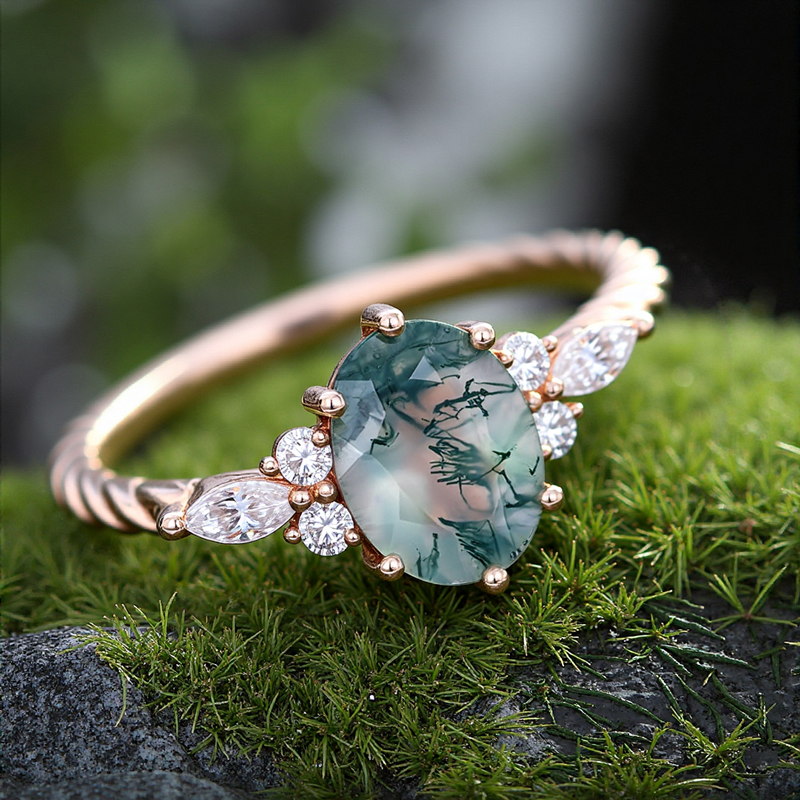1.72CT Oval Cut Moss Agate & Round Cut Moissanite Twisted Band S925 Silver Engagement Ring