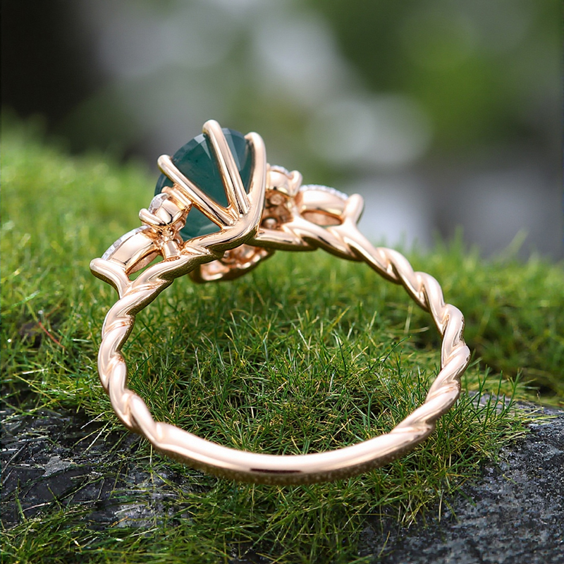 1.72CT Oval Cut Moss Agate & Round Cut Moissanite Twisted Band S925 Silver Engagement Ring