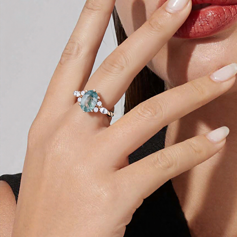 1.72CT Oval Cut Moss Agate & Round Cut Moissanite Twisted Band S925 Silver Engagement Ring