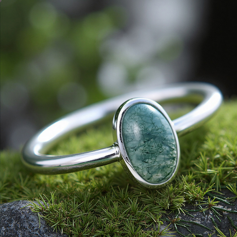 1.5CT Oval Cut Moss Agate S925 Silver Bezel Solitaire Engagement Ring