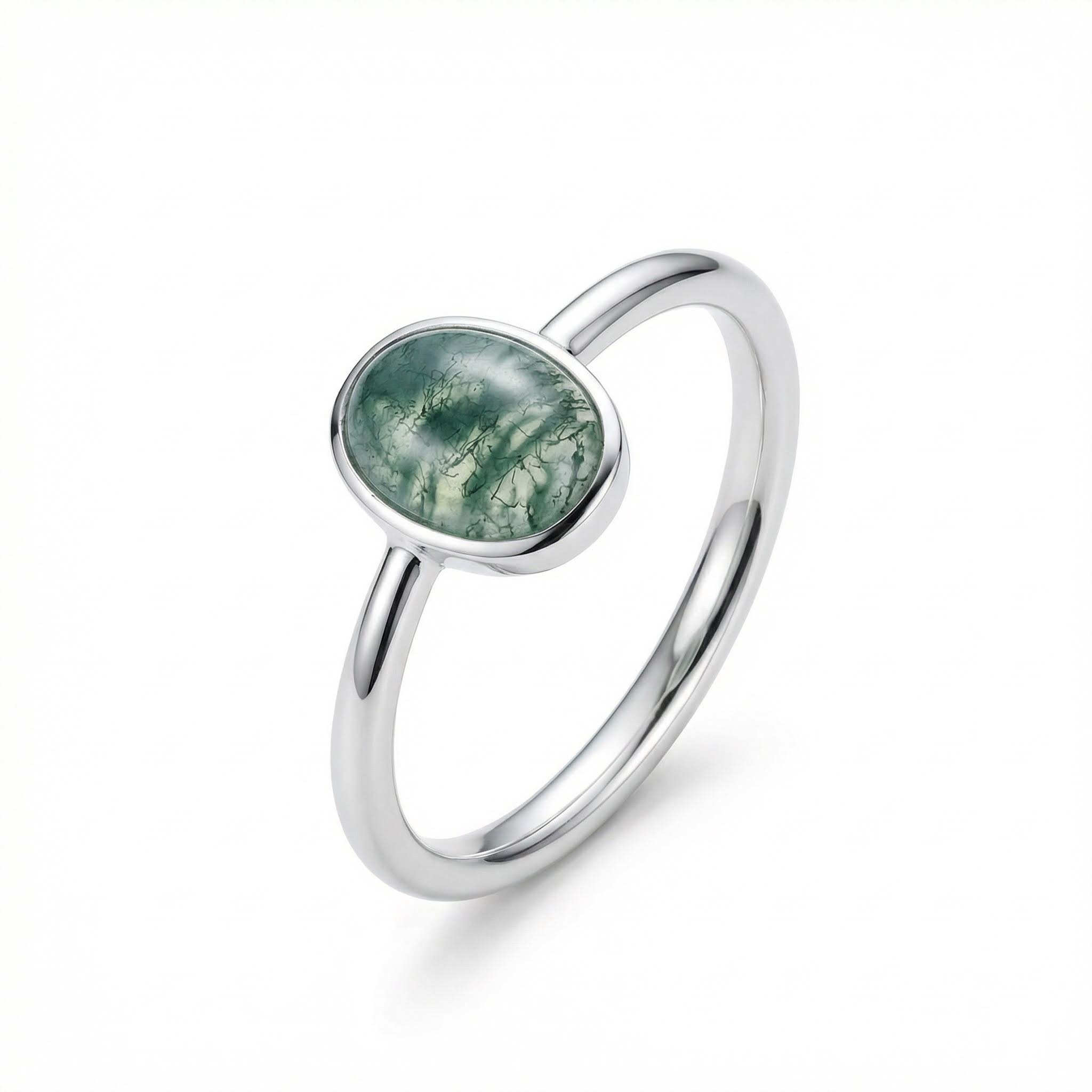 1.5CT Oval Cut Moss Agate S925 Silver Bezel Solitaire Engagement Ring