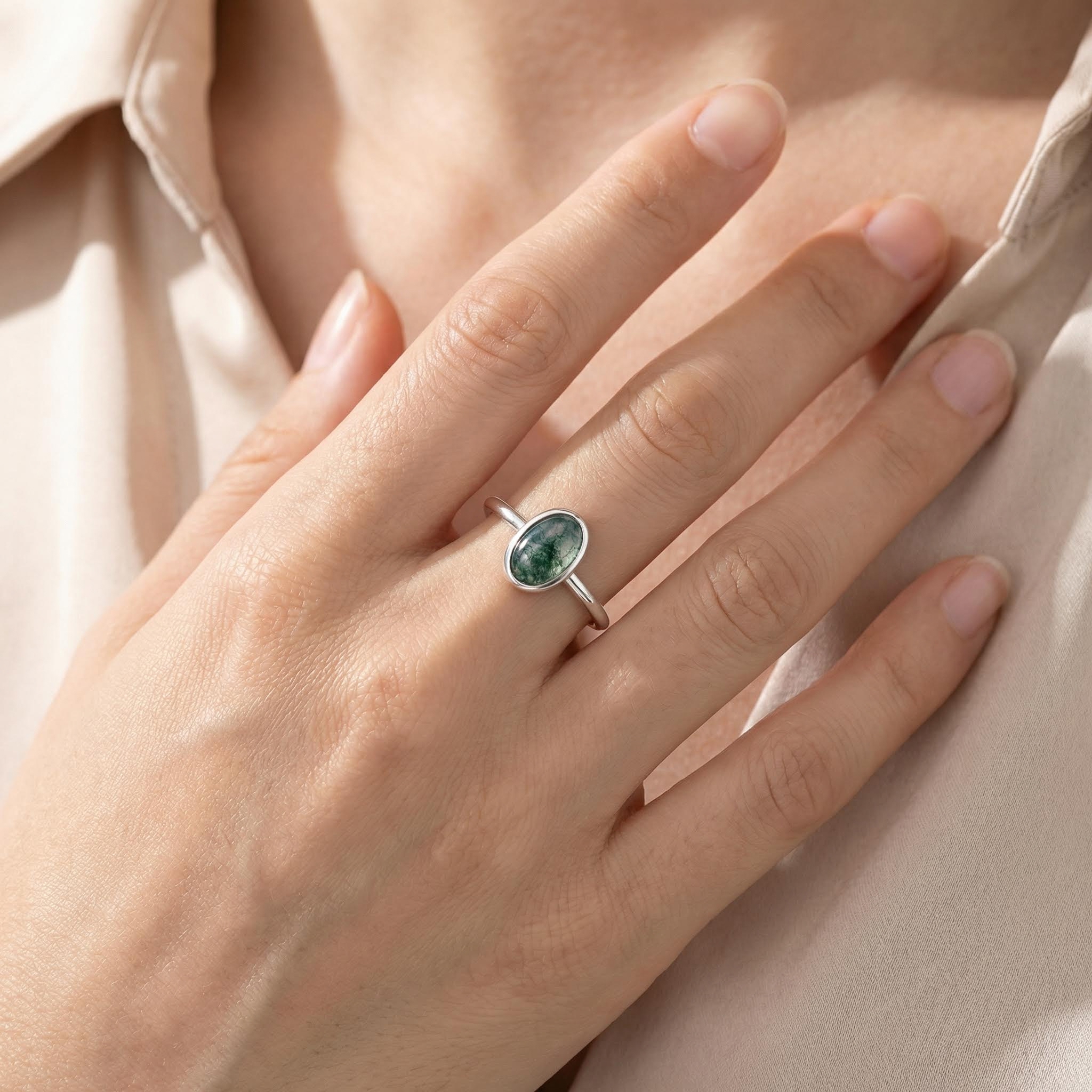 1.5CT Oval Cut Moss Agate S925 Silver Bezel Solitaire Engagement Ring