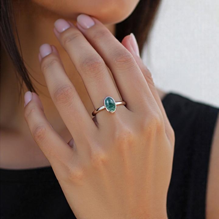 1.5CT Oval Cut Moss Agate S925 Silver Bezel Solitaire Engagement Ring