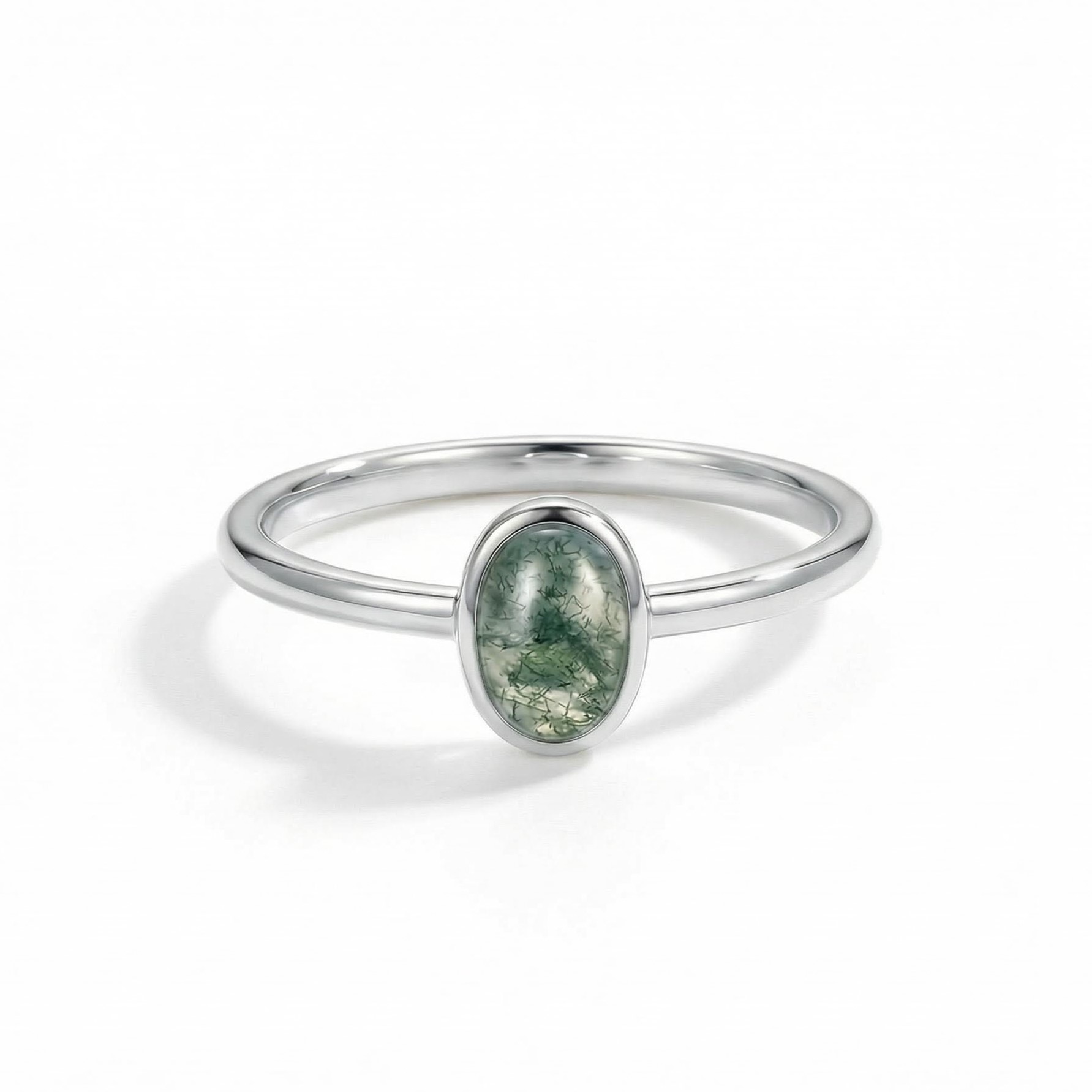 1.5CT Oval Cut Moss Agate S925 Silver Bezel Solitaire Engagement Ring