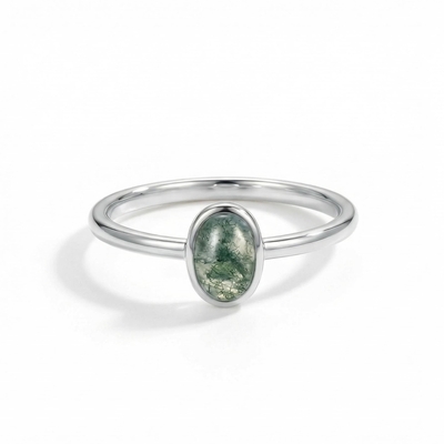 1.5CT Oval Cut Moss Agate S925 Silver Bezel Solitaire Engagement Ring