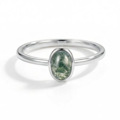 1.5CT Oval Cut Moss Agate S925 Silver Bezel Solitaire Engagement Ring