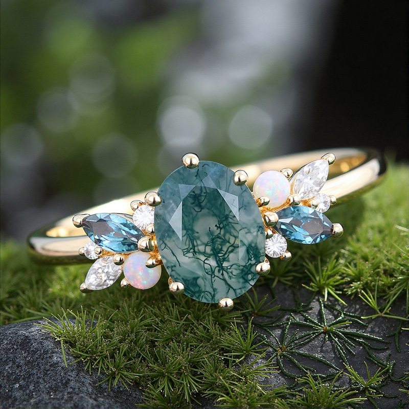 1.97CT Oval Cut Moss Agate Mixed Gemstones Cluster S925 Silver Engagement Ring