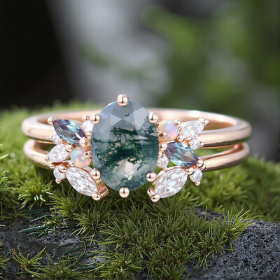1.95CT Oval Cut Moss Agate Mixed Gemstones Cluster Bridal S925 Silver Engagement Ring Set