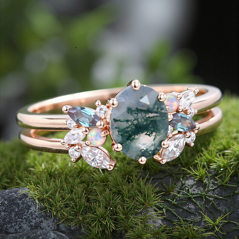 1.95CT Oval Cut Moss Agate Mixed Gemstones Cluster Bridal S925 Silver Engagement Ring Set