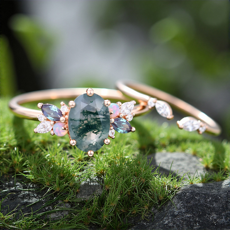 1.95CT Oval Cut Moss Agate Mixed Gemstones Cluster Bridal S925 Silver Engagement Ring Set