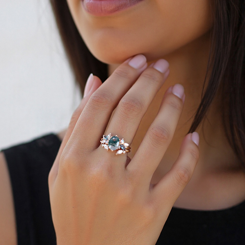 1.95CT Oval Cut Moss Agate Mixed Gemstones Cluster Bridal S925 Silver Engagement Ring Set