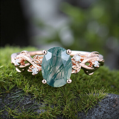 1.56CT Navette Flow Oval Cut Moss Agate & Round Cut Moissanite S925 Silver Engagement Ring