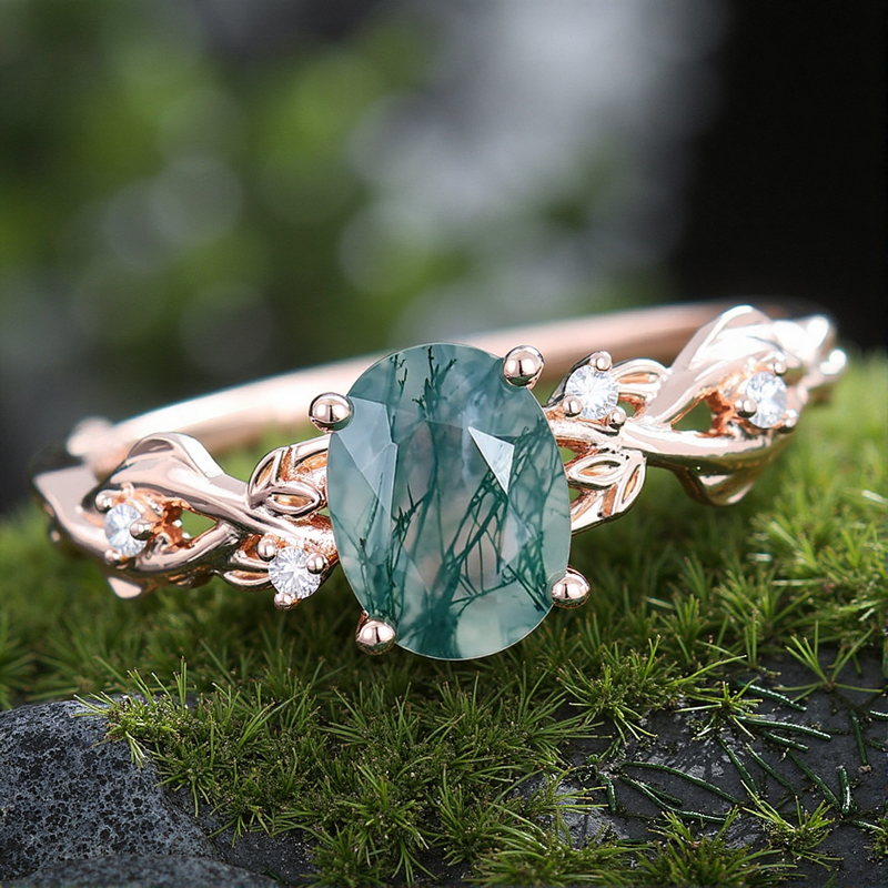 1.56CT Navette Flow Oval Cut Moss Agate & Round Cut Moissanite S925 Silver Engagement Ring