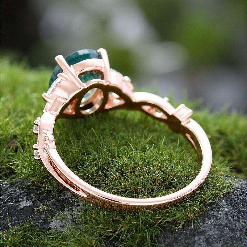 1.56CT Navette Flow Oval Cut Moss Agate & Round Cut Moissanite S925 Silver Engagement Ring