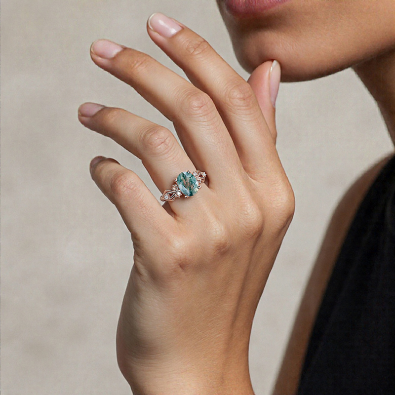 1.56CT Navette Flow Oval Cut Moss Agate & Round Cut Moissanite S925 Silver Engagement Ring