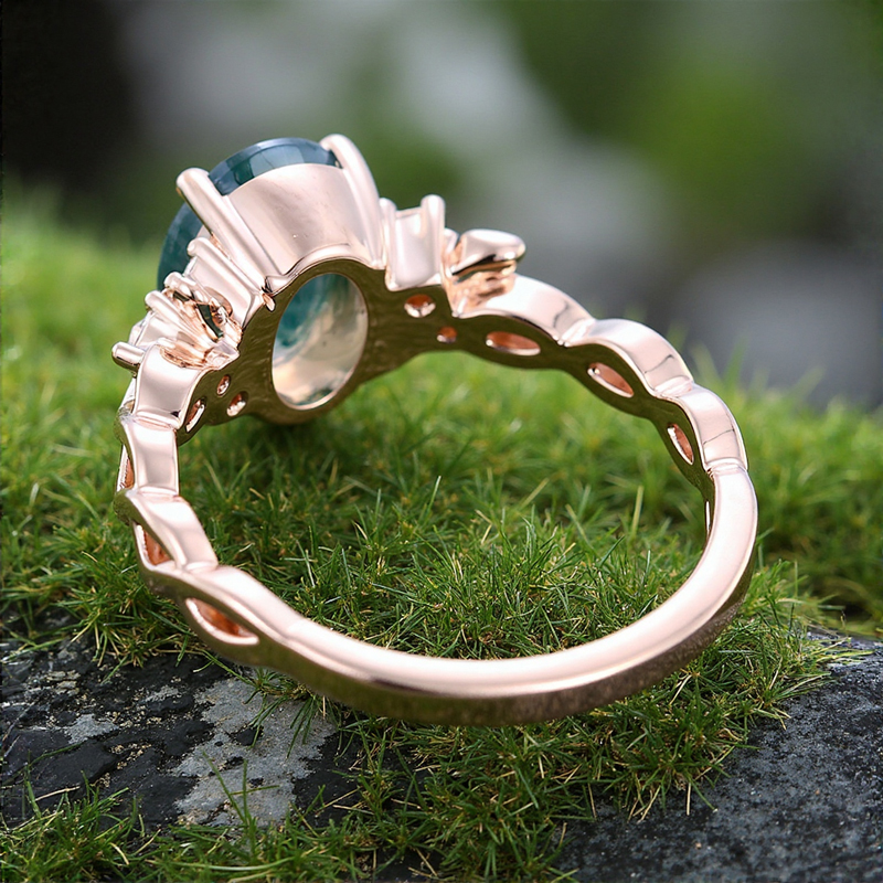 2.02CT Oval Cut Moss Agate & Round Cut Moissanite S925 Silver With Braid Band  Engagement Ring