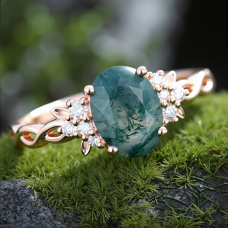 2.02CT Oval Cut Moss Agate & Round Cut Moissanite S925 Silver With Braid Band  Engagement Ring