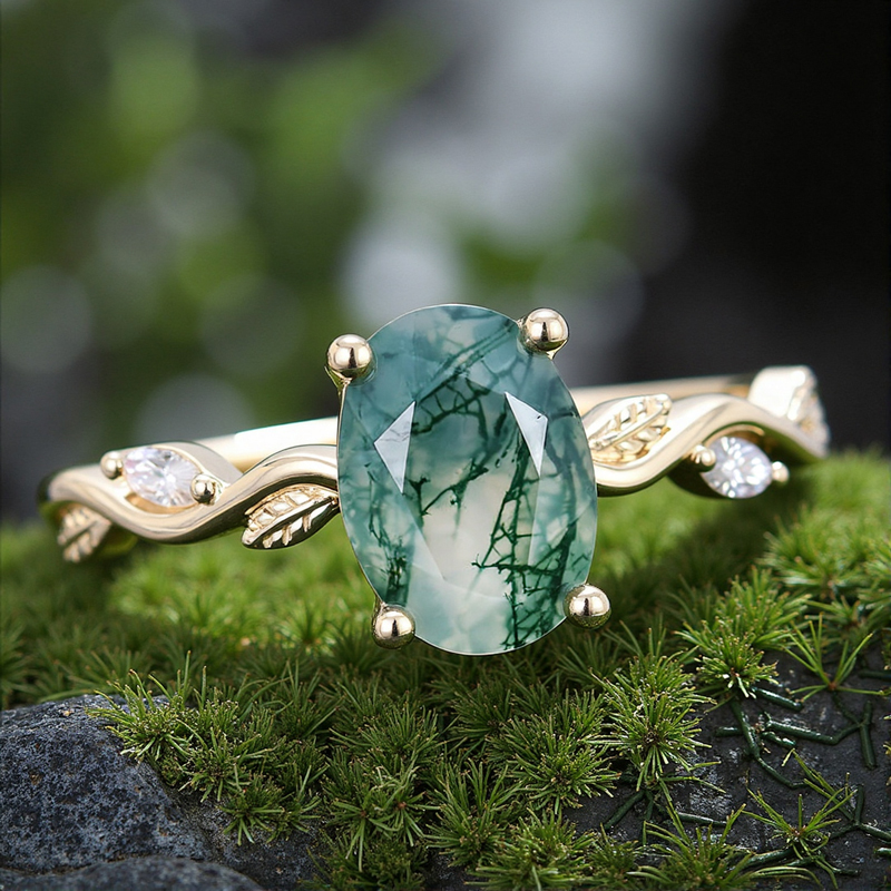 1.56CT Oval Cut Moss Agate & Marquise Cut Moissanite S925 Silver Nature Inspired Engagement Ring