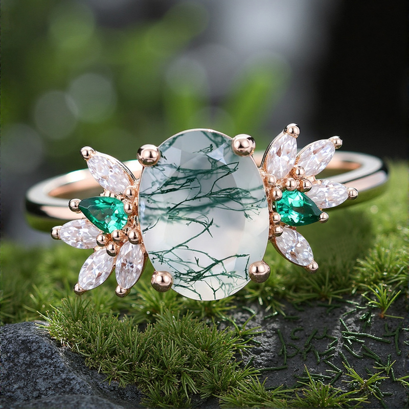 1.81CT Oval Cut Moss Agate With Cluster Flanks S925 Silver Engagement Ring