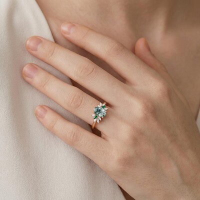 1.81CT Oval Cut Moss Agate With Cluster Flanks S925 Silver Engagement Ring