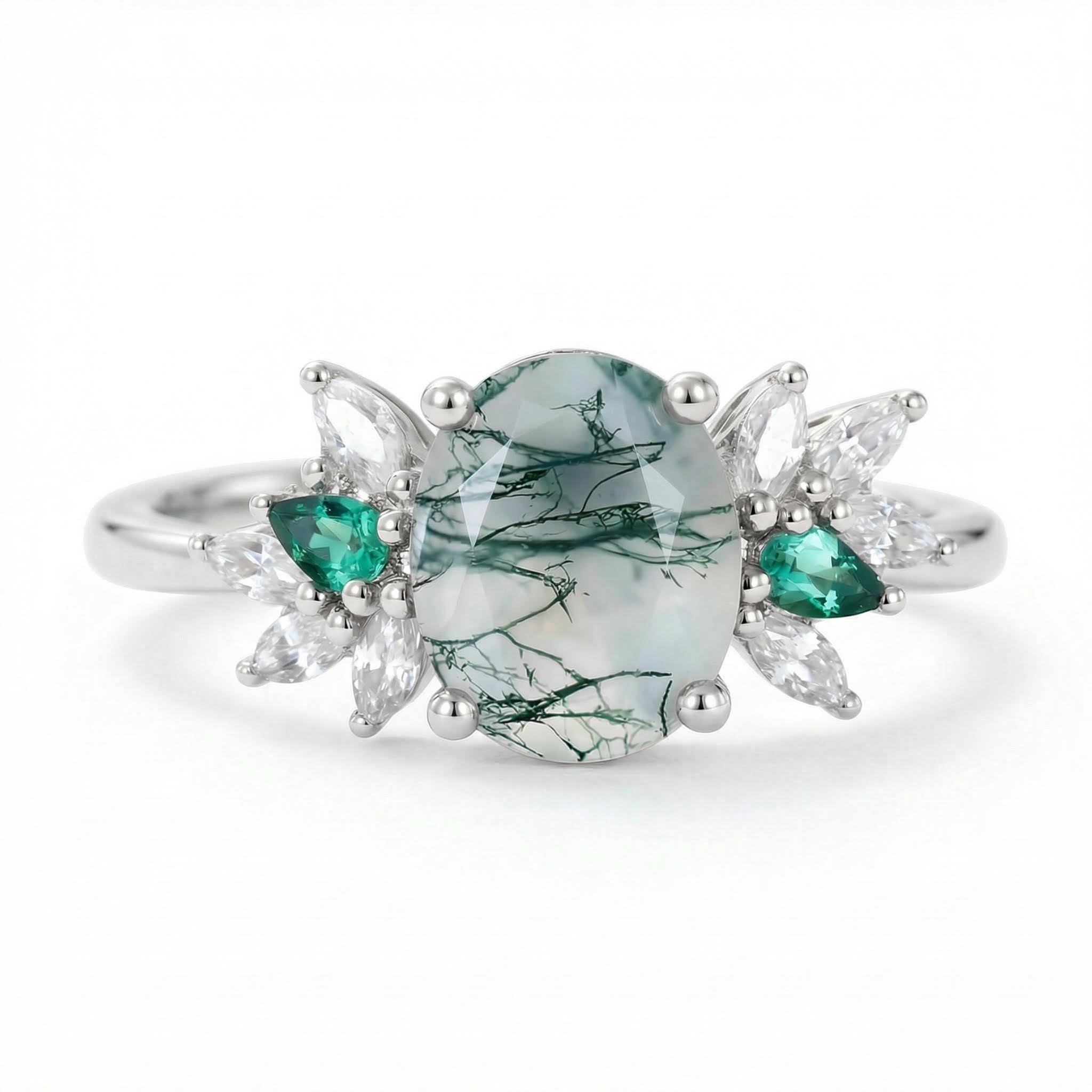 1.81CT Oval Cut Moss Agate With Cluster Flanks S925 Silver Engagement Ring