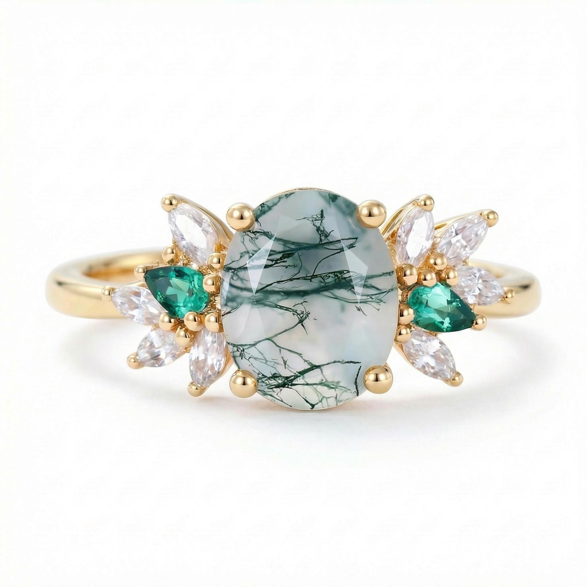 1.81CT Oval Cut Moss Agate With Cluster Flanks S925 Silver Engagement Ring