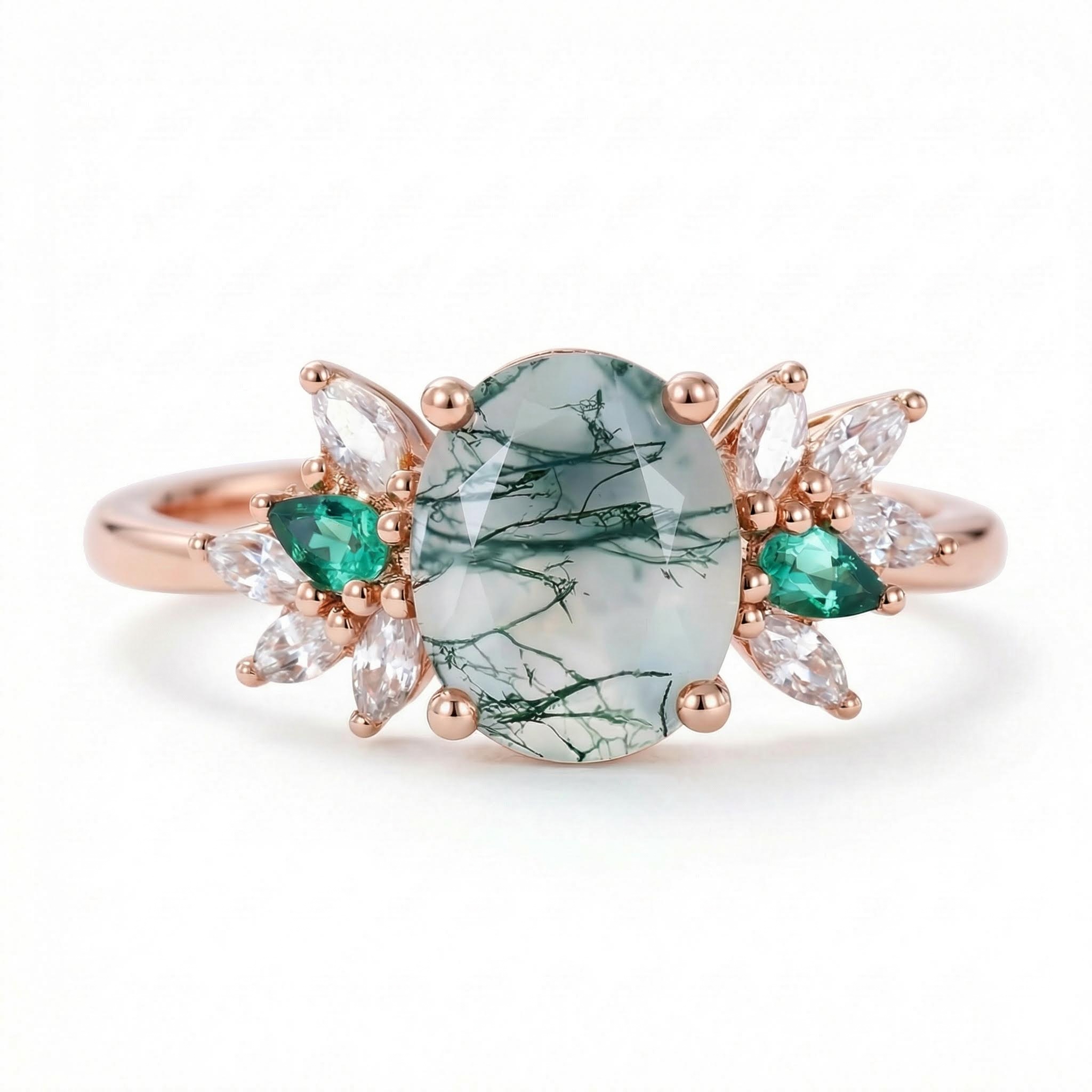 1.81CT Oval Cut Moss Agate With Cluster Flanks S925 Silver Engagement Ring