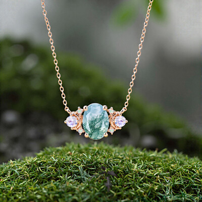 1.58CT Oval Cut Moss Agate With Round Cut Moonstone & Opal S925 Silver Pendant Necklace