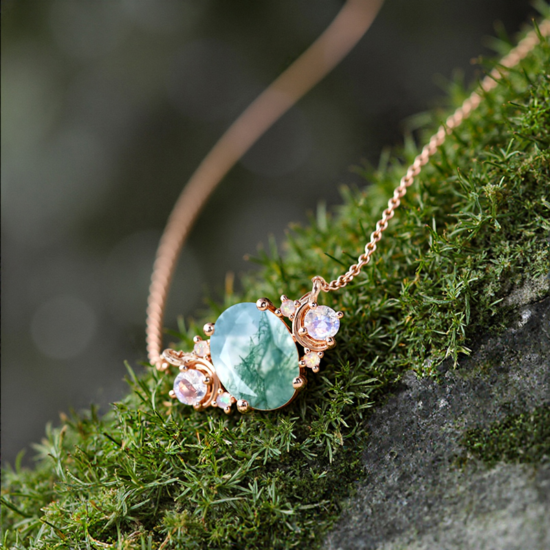 1.58CT Oval Cut Moss Agate With Round Cut Moonstone & Opal S925 Silver Pendant Necklace 1.58CT Oval Cut Moss Agate With Round Cut Moonstone & Opal S925 Silver Pendant Necklace