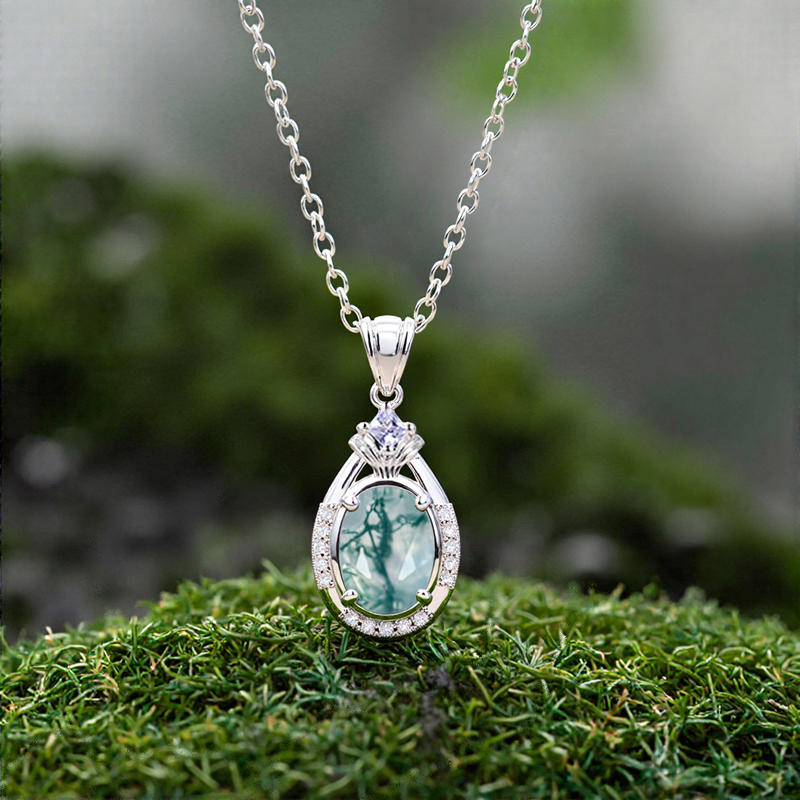 1.615CT Oval Cut Moss Agate & Round Cut Moissanite S925 Silver Pendant Necklace