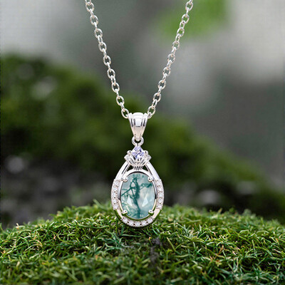 1.615CT Oval Cut Moss Agate & Round Cut Moissanite S925 Silver Pendant Necklace