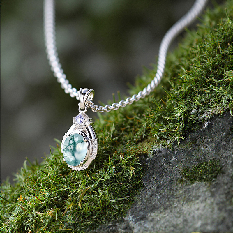 1.615CT Oval Cut Moss Agate & Round Cut Moissanite S925 Silver Pendant Necklace