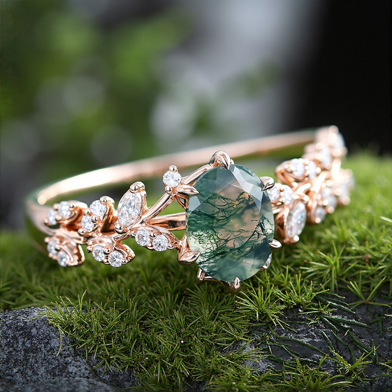 1.95CT Oval Cut Moss Agate & Round Cut Moissanite S925 Silver Nature Themed Engagement Ring