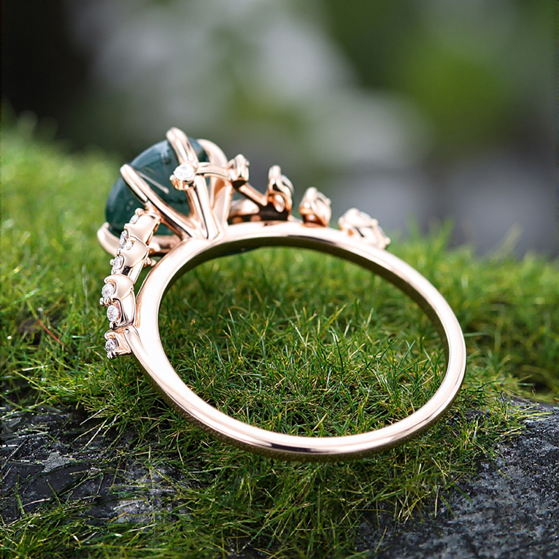 1.95CT Oval Cut Moss Agate & Round Cut Moissanite S925 Silver Nature Themed Engagement Ring