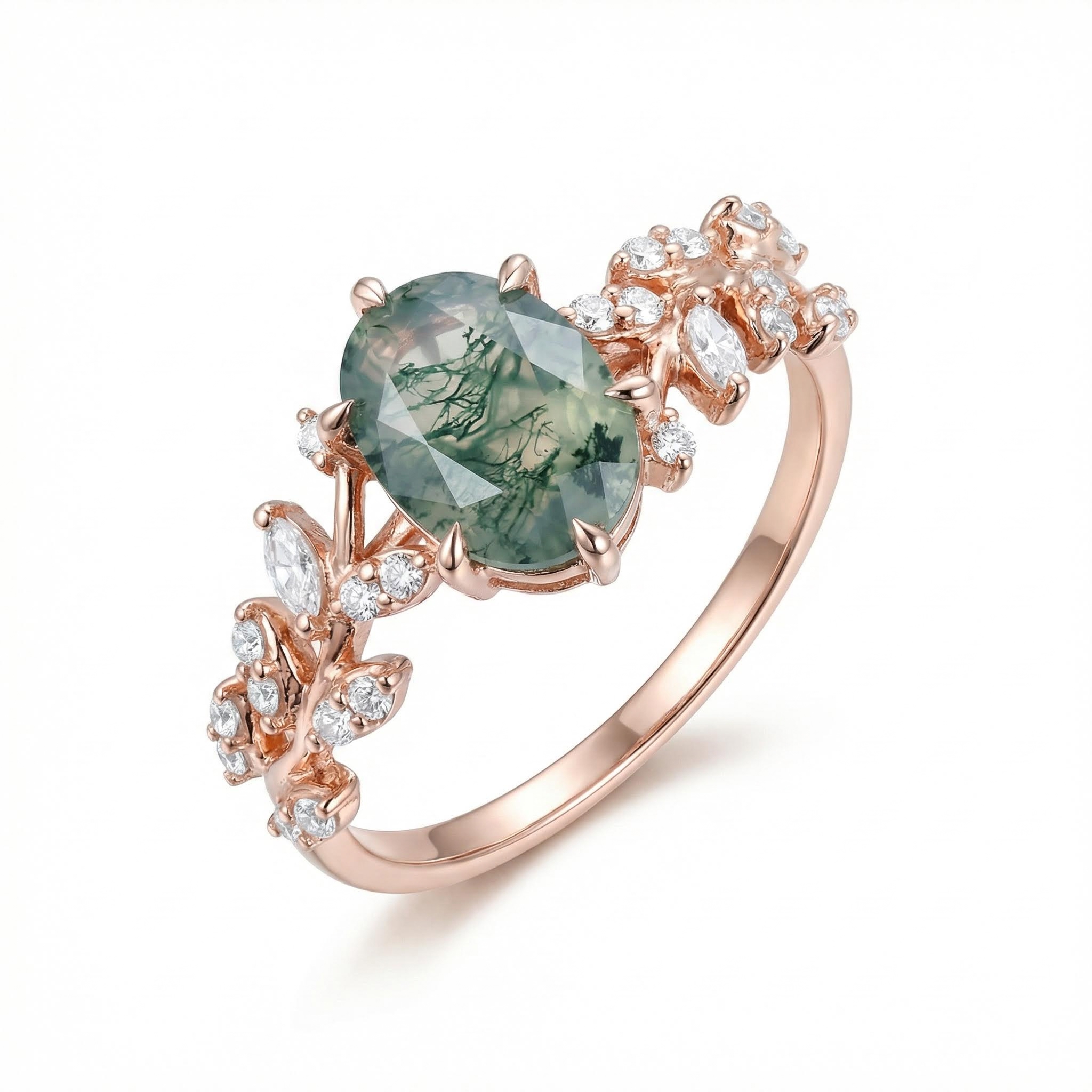 1.95CT Oval Cut Moss Agate & Round Cut Moissanite S925 Silver Nature Themed Engagement Ring