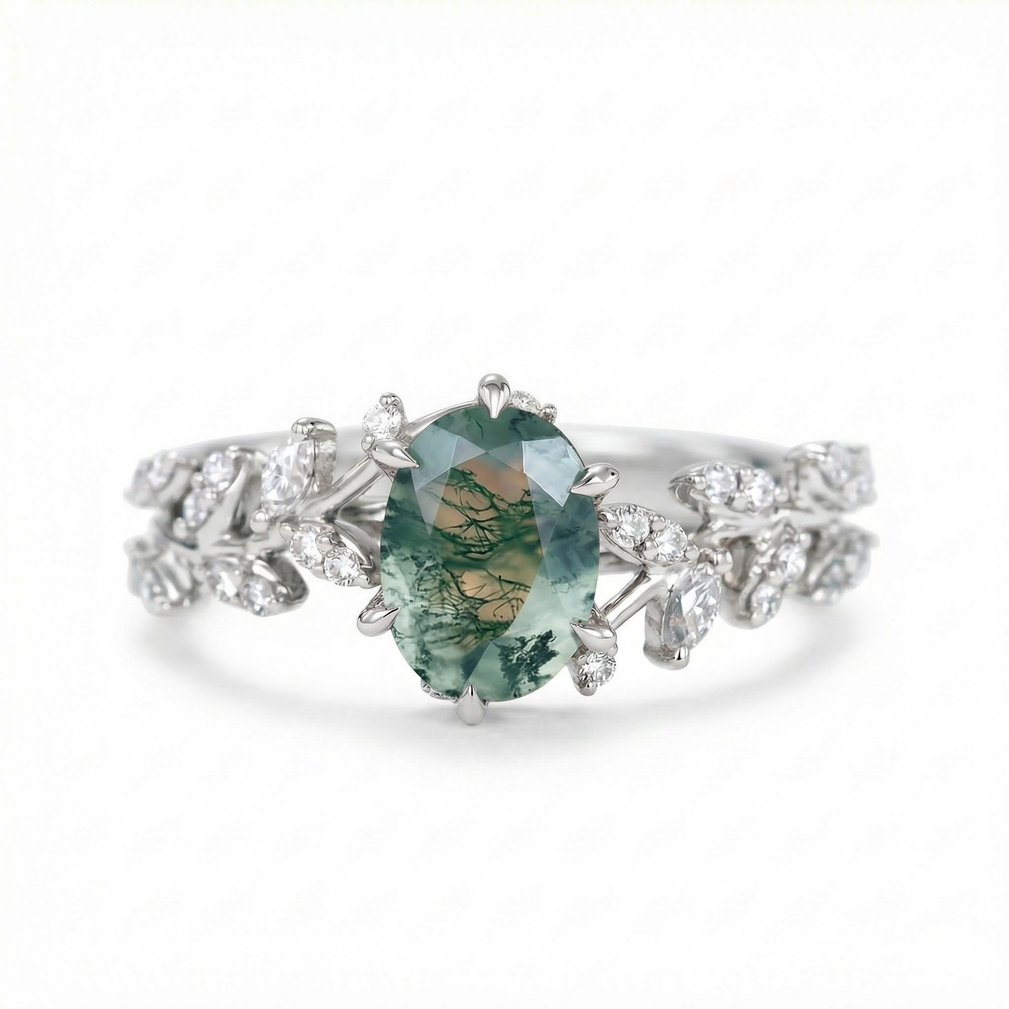 1.95CT Oval Cut Moss Agate & Round Cut Moissanite S925 Silver Nature Themed Engagement Ring
