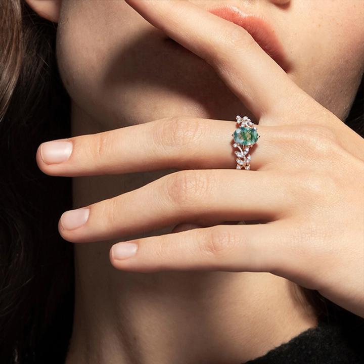 1.95CT Oval Cut Moss Agate & Round Cut Moissanite S925 Silver Nature Themed Engagement Ring
