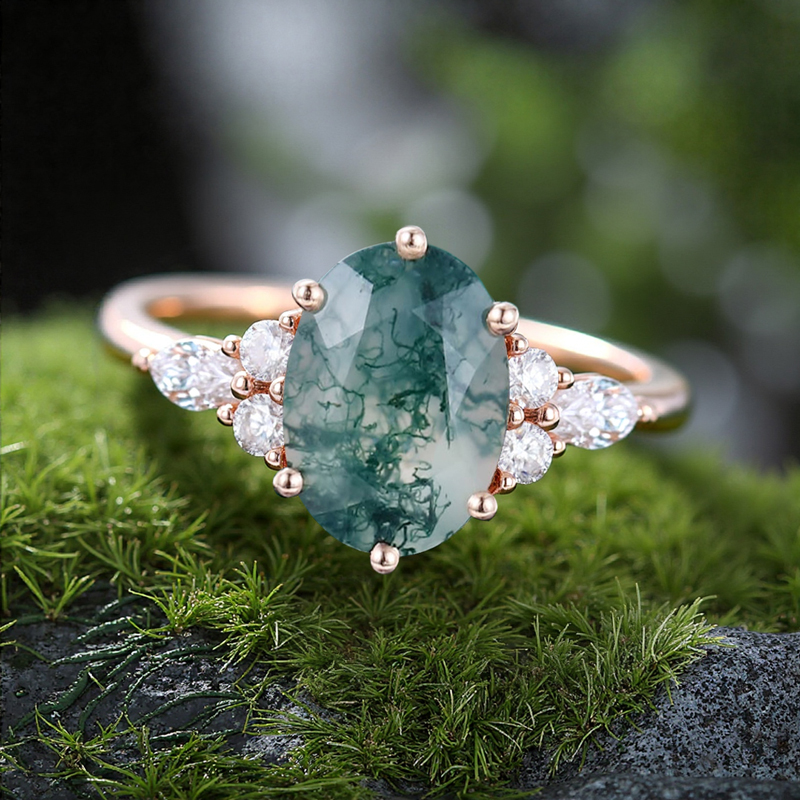 1.74CT Oval Cut Moss Agate Classic Side Stone Promise S925 Silver Engagement Ring