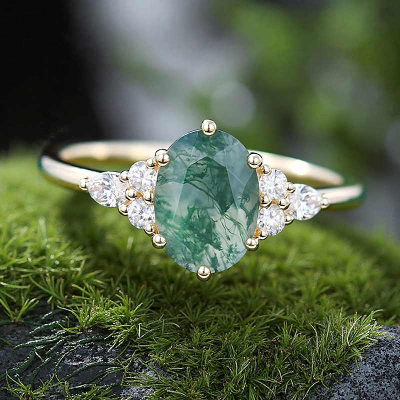 1.74CT Oval Cut Moss Agate Classic Side Stone Promise S925 Silver Engagement Ring
