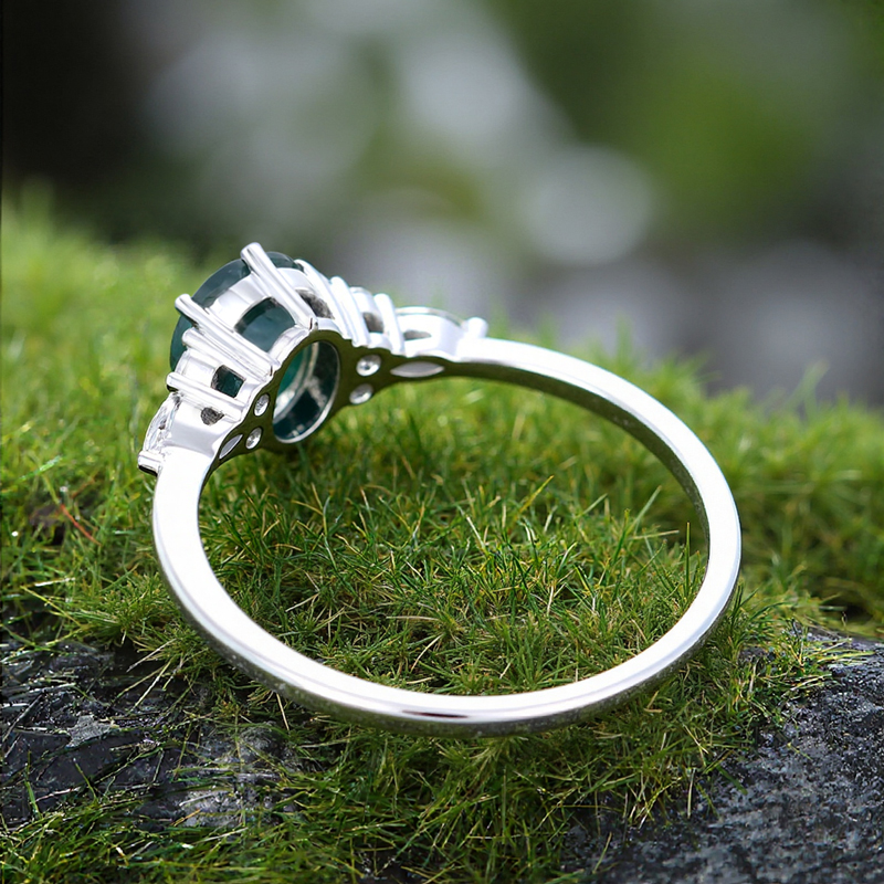 1.74CT Oval Cut Moss Agate Classic Side Stone Promise S925 Silver Engagement Ring