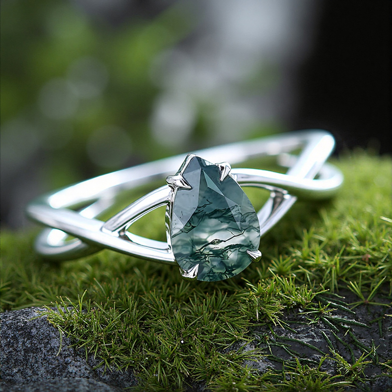 1.2CT Pear Cut Moss Agate S925 Silver Crossover Shank Engagement Ring