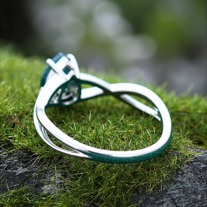 1.2CT Pear Cut Moss Agate S925 Silver Crossover Shank Engagement Ring