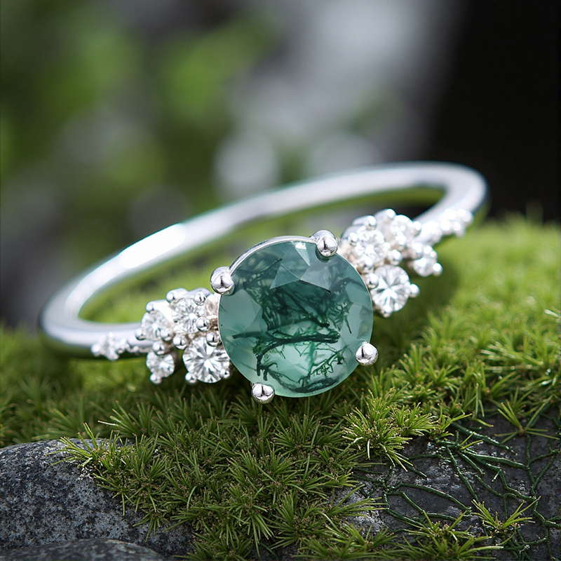 1.5CT Round Cut Moss Agate & Moissanite S925 Silver Flip Snowdrift Engagement Ring