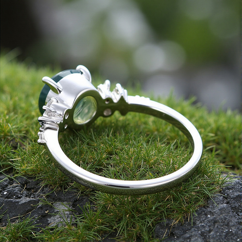 1.5CT Round Cut Moss Agate & Moissanite S925 Silver Flip Snowdrift Engagement Ring