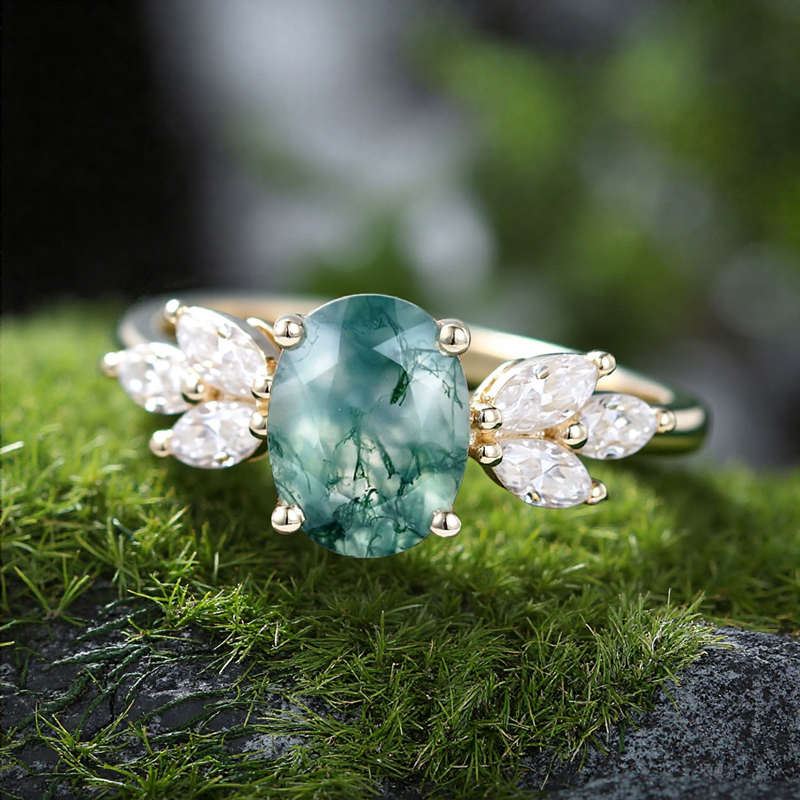 1.74CT Oval Cut Moss Agate & Marquise Cut Moissanite S925 Silver Engagement Ring